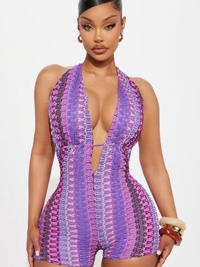Fashion Nova Purple Pink Multi Crochet Halter Romper